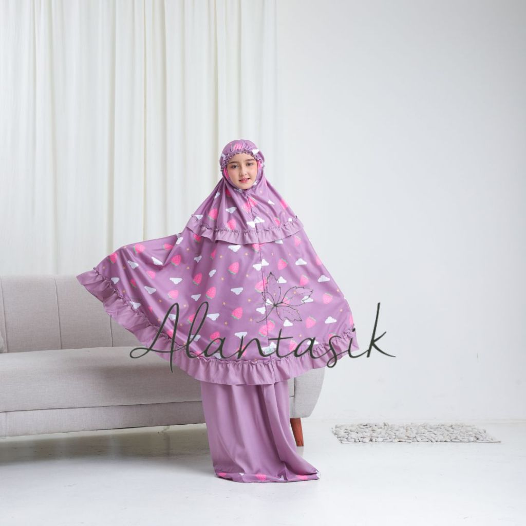 Alantasik Mukena anak motif STRAWBERY awan 2in1 travel kisaran 3-15 tahun traveling anak tanggung SD