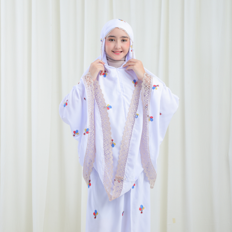Mukena Anak pita balon 2 in 1 bordir timbul dengan renda mewah kisaran 5,6,7,8,9,10,11,12,13,14 tahun