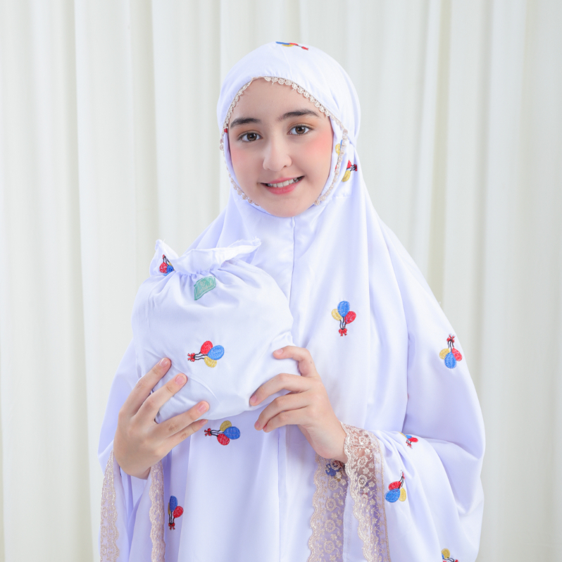 Mukena Anak pita balon 2 in 1 bordir timbul dengan renda mewah kisaran 5,6,7,8,9,10,11,12,13,14 tahun