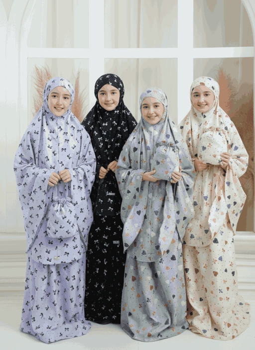 Image of Mukena anak motif lucu remaja tanggung MK01 bunga pita 2in1 travel kisaran 6 9 14 tahun Alantasik
