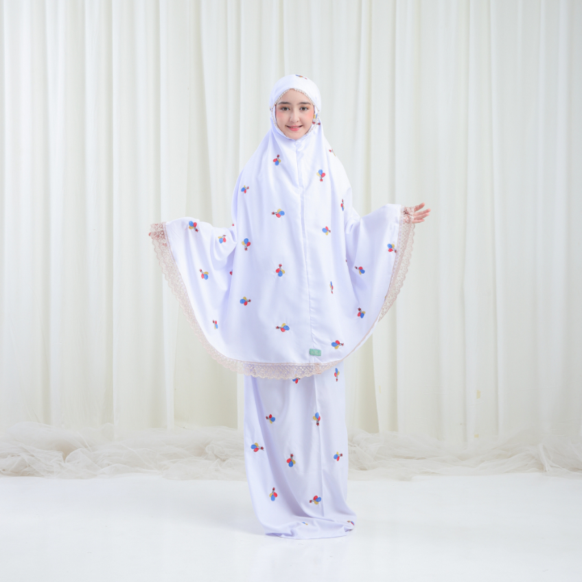 Mukena Anak pita balon 2 in 1 bordir timbul dengan renda mewah kisaran 5,6,7,8,9,10,11,12,13,14 tahun
