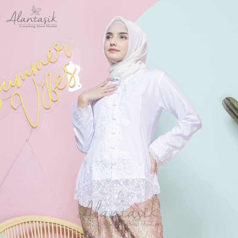 Alantasik -atasan kebaya encim bordir putih tangan panjang  modern wisuda kantor kerja SULAM Senada