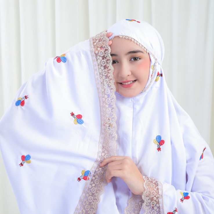 Mukena Anak pita balon 2 in 1 bordir timbul dengan renda mewah kisaran 5,6,7,8,9,10,11,12,13,14 tahun