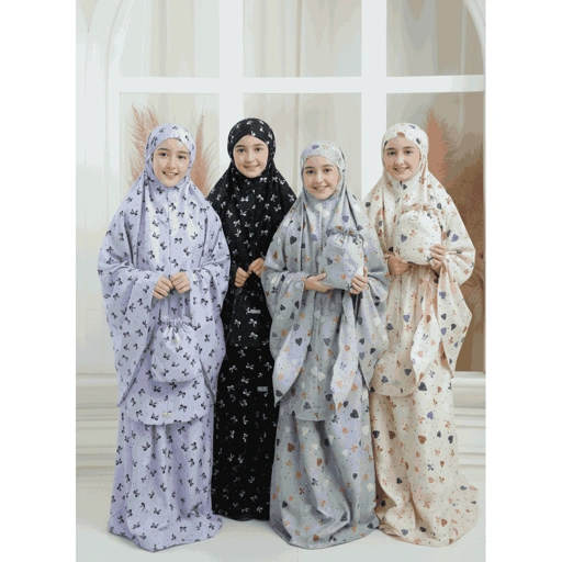Image of Mukena anak motif lucu remaja tanggung MK01 bunga pita 2in1 travel kisaran 6 9 14 tahun Alantasik