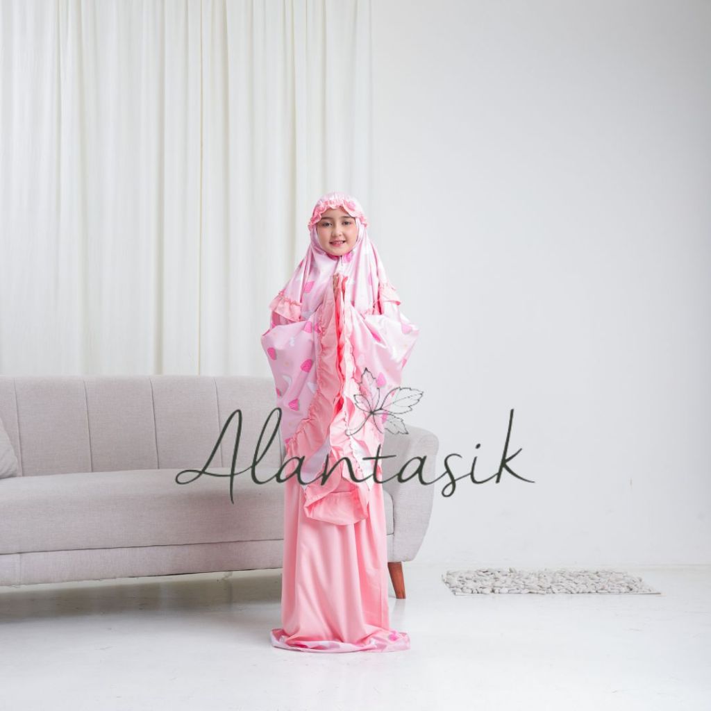 Alantasik Mukena anak motif STRAWBERY awan 2in1 travel kisaran 3-15 tahun traveling anak tanggung SD