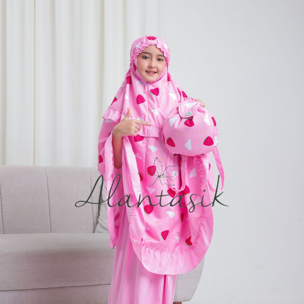 Alantasik Mukena anak motif STRAWBERY awan 2in1 travel kisaran 3-15 tahun traveling anak tanggung SD