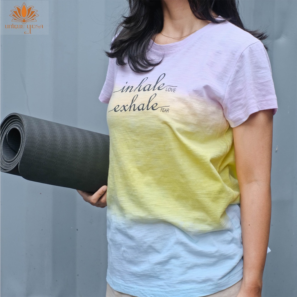 Baju Yoga/ Baju Kaos Rainbow Tie Dye Inhale Exhale/ Baju Senam Olahraga Wanita Terbaru