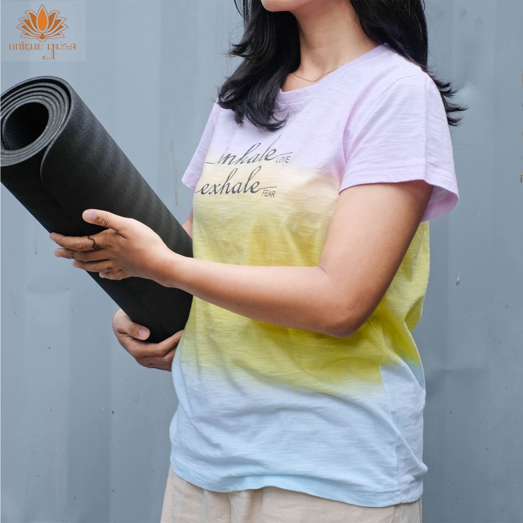 Baju Yoga/ Baju Kaos Rainbow Tie Dye Inhale Exhale/ Baju Senam Olahraga Wanita Terbaru