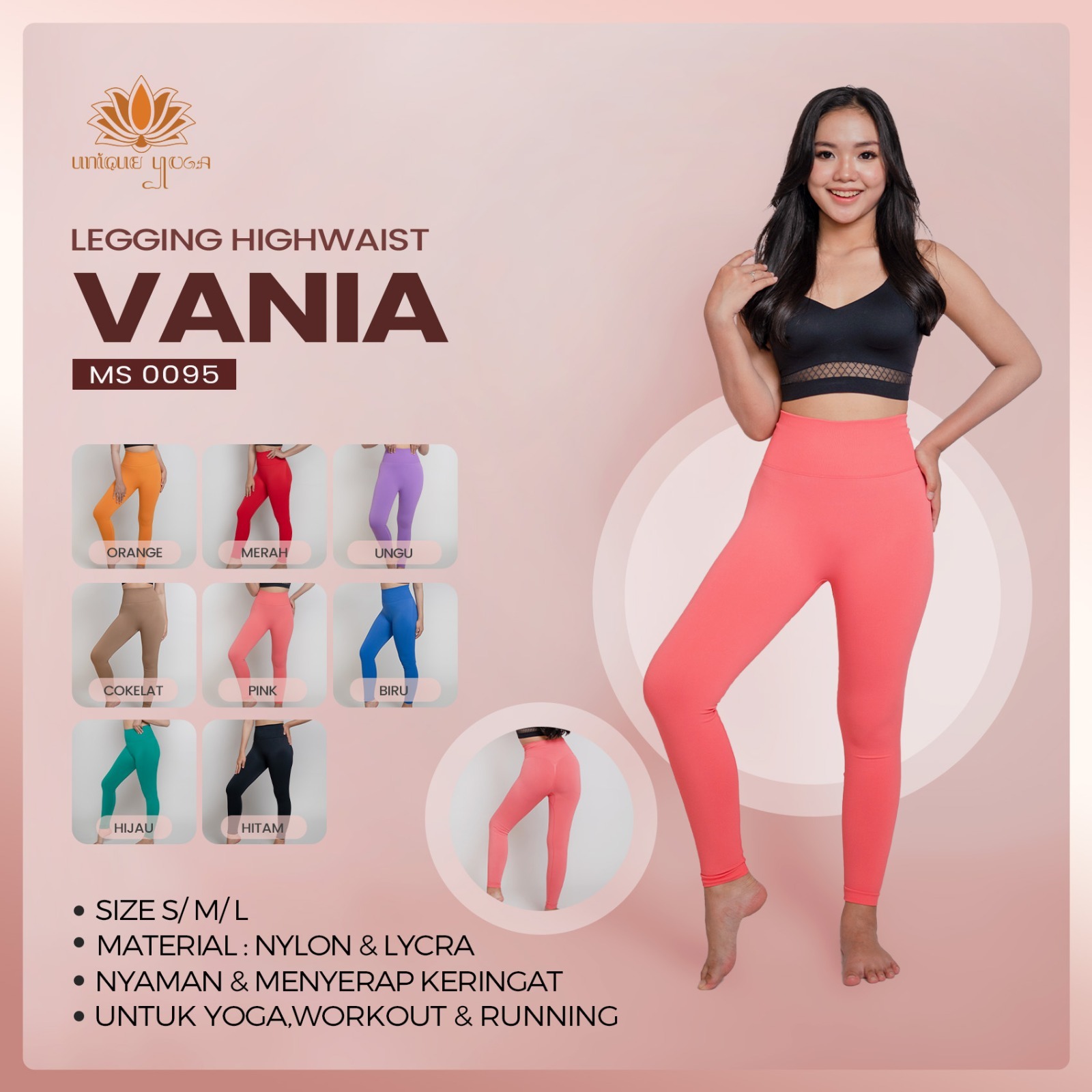 Legging Highwaist Sport Yoga Senam With Butt Lifting Support / Legging Gym Wanita / Celana Olahraga Wanita Vania MS 0095