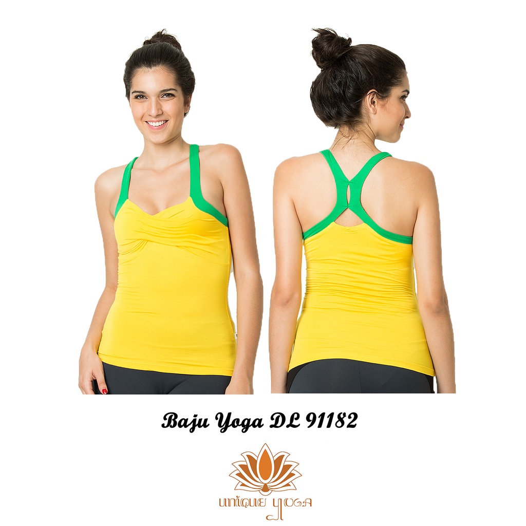 Baju Yoga Kuning List Hijau / Baju Senam Yoga / Baju Olahraga Yoga / Baju Yoga Zumba DL 91182 / Baju Olahraga Wanita Warna Kuning 