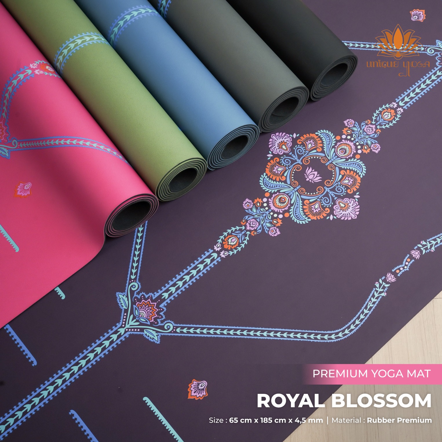 Matras Yoga Premium Royal Blossom Anti Slip / Yoga Mat Premium Rubber 4,5mm Motif Align / Royal Blossom Yoga Mat 