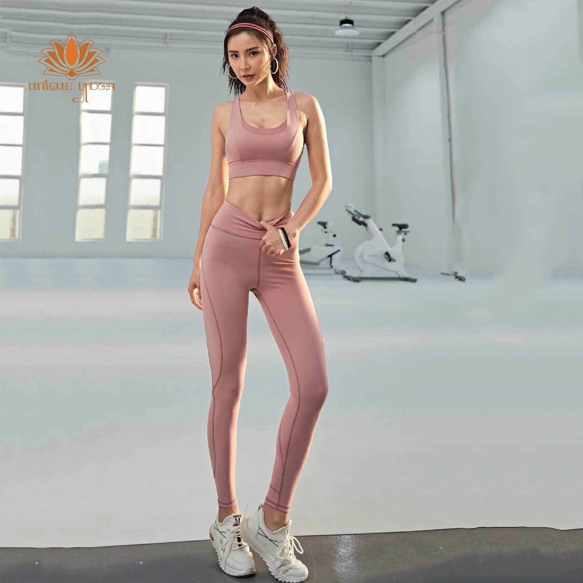 Satu Set Legging Pink CK055 / Sports Bra Pink WX046 / Setelan Olahraga Senam Yoga Murah Pink