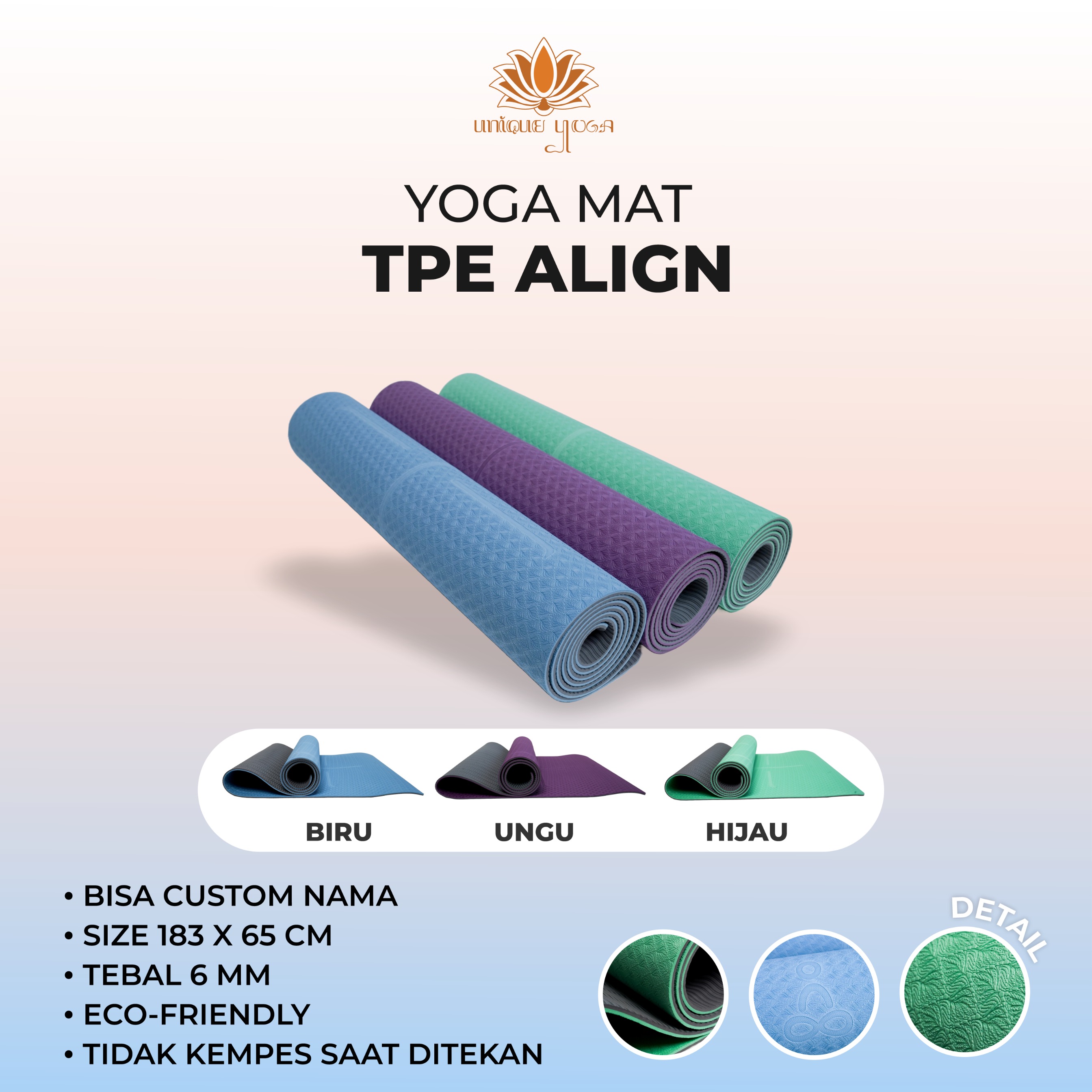 Yoga Mat TPE Align 6mm / Matras Olahraga Senam Yoga Lebar 65cm / Yoga Mat TPE Eco Friendly