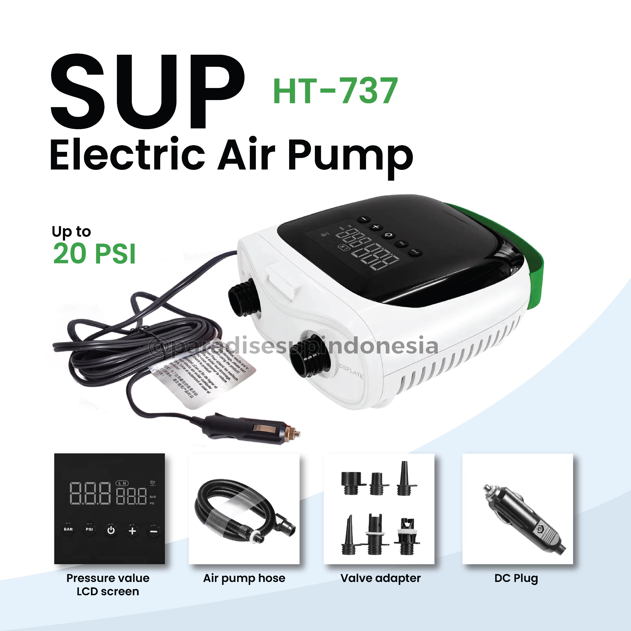 SUP Electric Air Pump HT-737 White Up to 20 PSI / Pompa Udara Elektrik / Pompa SUP Paddle Board Yoga Paradise