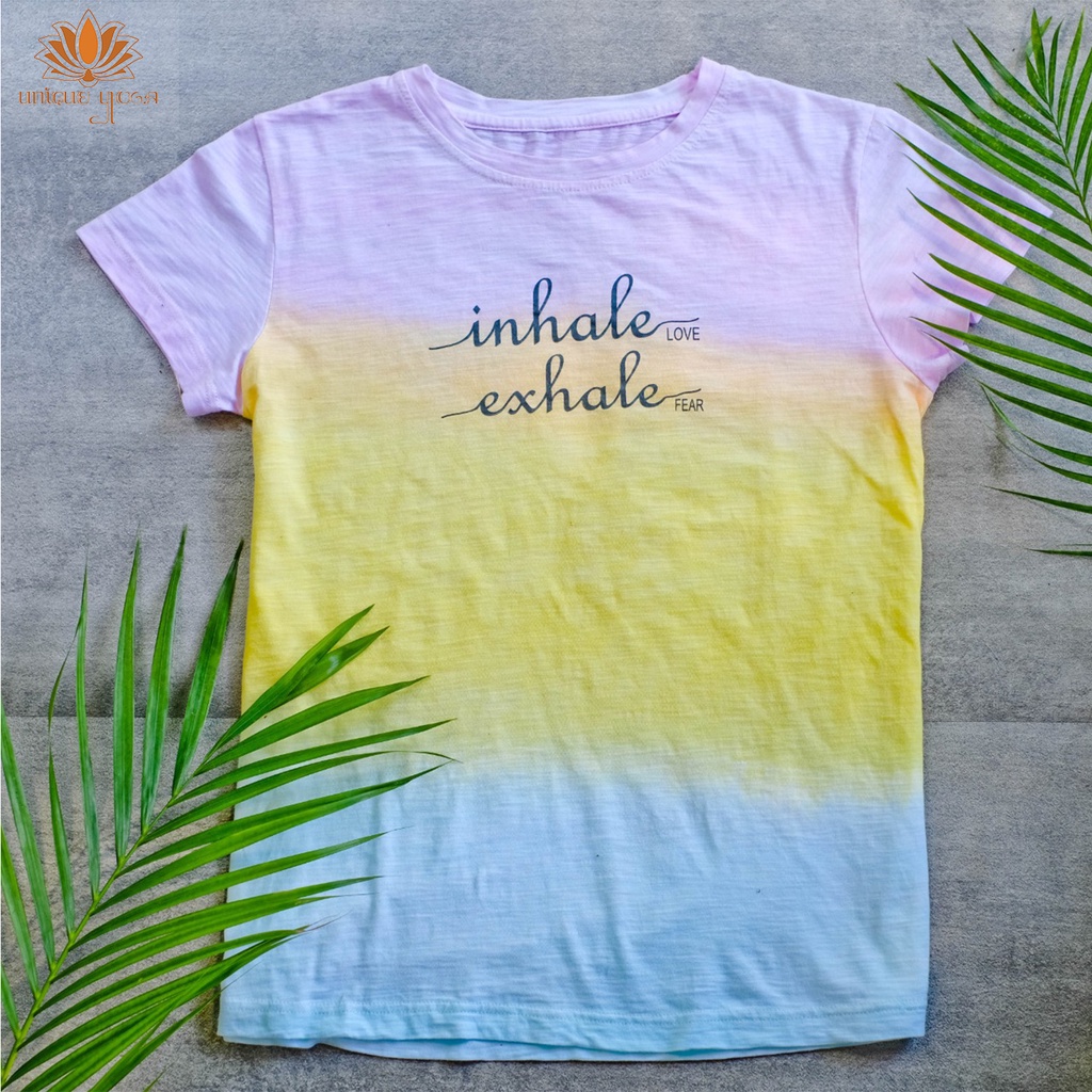 Baju Yoga/ Baju Kaos Rainbow Tie Dye Inhale Exhale/ Baju Senam Olahraga Wanita Terbaru