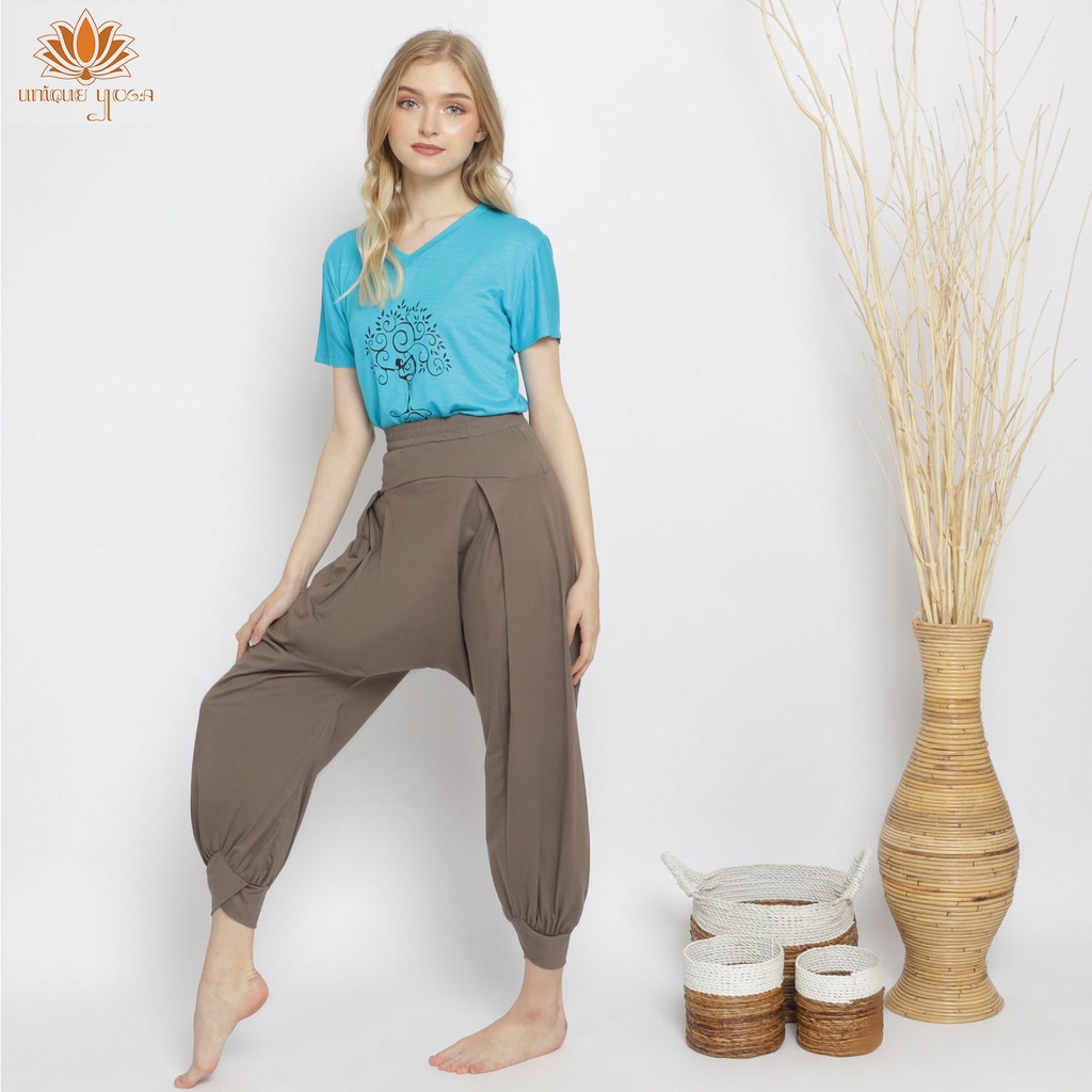 Set Baju Kaos Yoga Christy All size Yogadance Biru / Celana Harem Pant Yoga Coklat