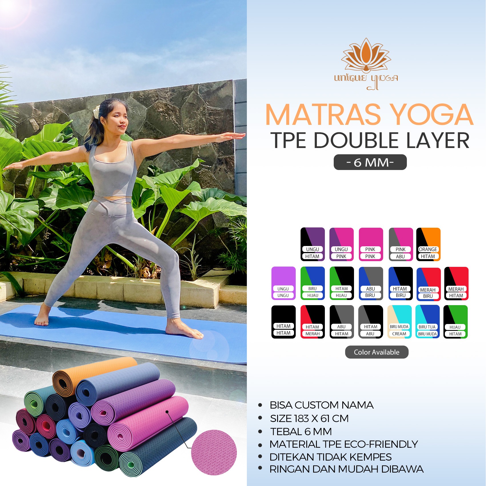 Matras Yoga / Matras Senam Yoga / ECO-Friendly Yoga Mat / Matras Yoga 6mm / Yoga Mat TPE Double layer 6 mm Anti Slip