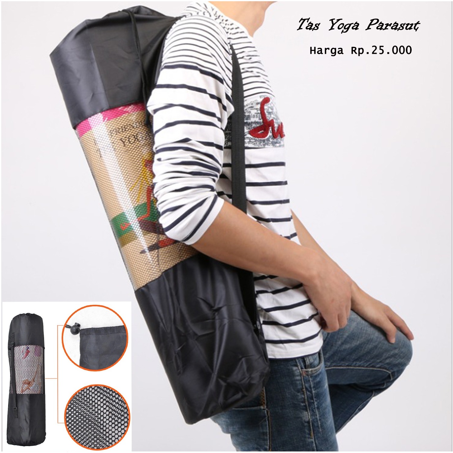 Tas Yoga Parasut / Tas Matras Jaring Termurah / Tas Matras Yoga Jaring Warna Hitam