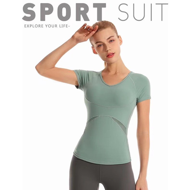 Baju Atasan Olahraga Yoga Sport Body Fit Alino / Kaos Lengan Pendek Olahraga Senam Yoga Running / Top Body Fit with Tile