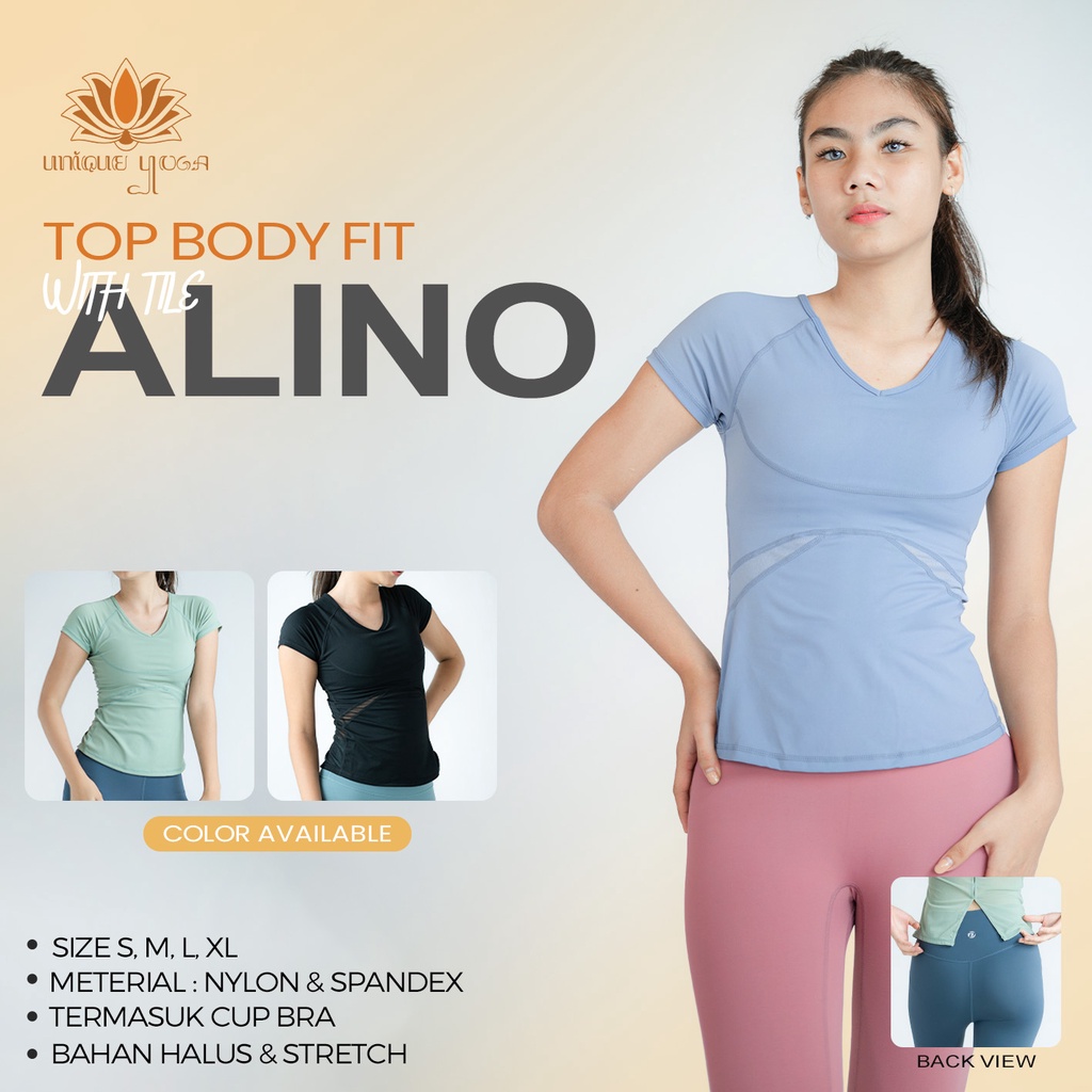 Baju Atasan Olahraga Yoga Sport Body Fit Alino / Kaos Lengan Pendek Olahraga Senam Yoga Running / Top Body Fit with Tile