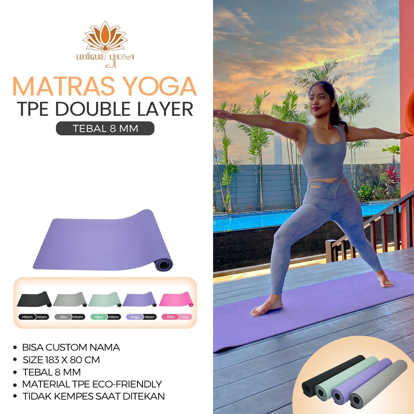 Yoga Mat TPE Double Layer 8mm Ukuran Besar / Alas Olahraga Yoga / Pilates Yoga Mat / Matras Yoga TPE Double Layer 80cm 
