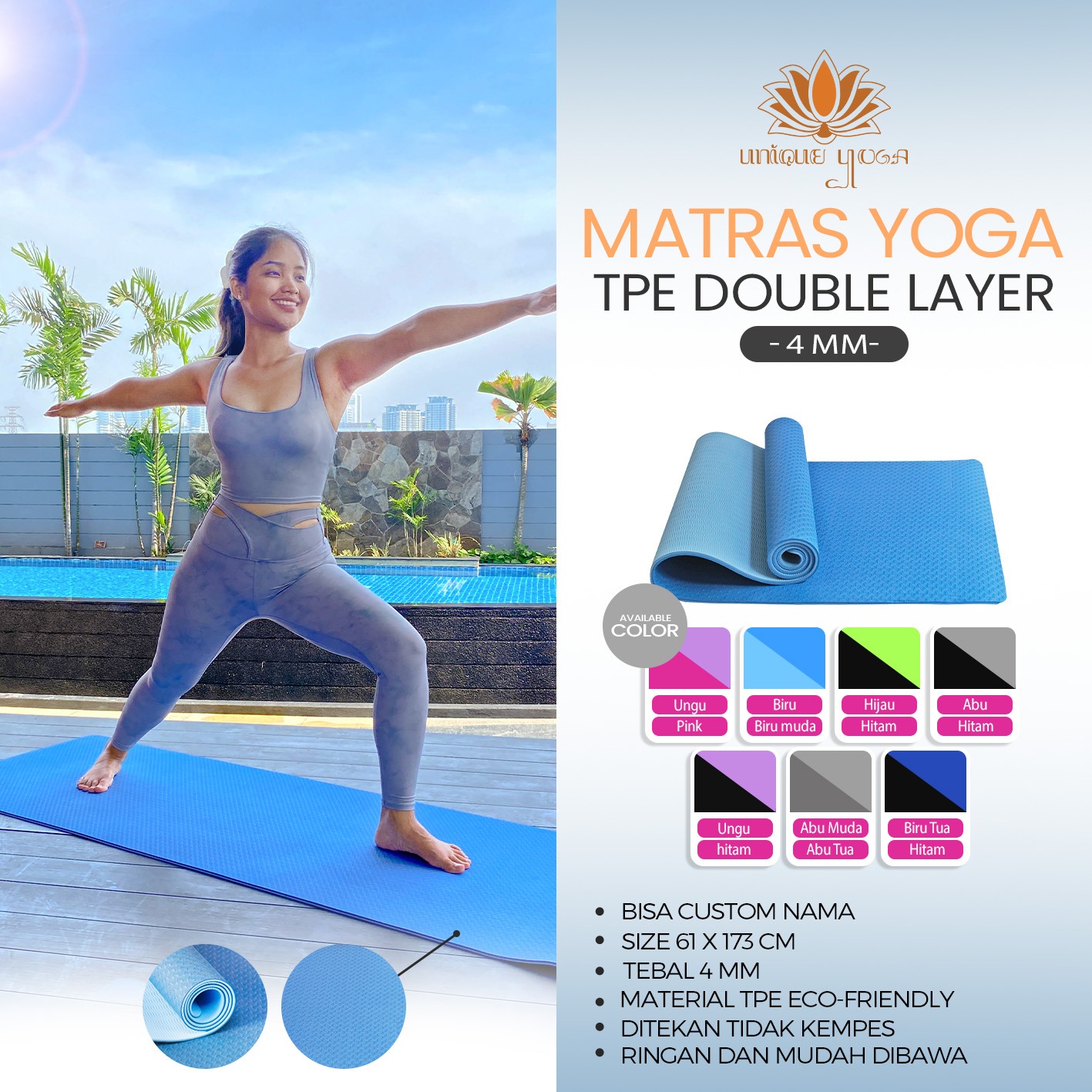 Matras Senam Yoga / Matras Olahraga Ringan Tipis / TPE Mat Yoga 4mm / Alas Senam Yoga Terlaris/ Yoga Mat Murah
