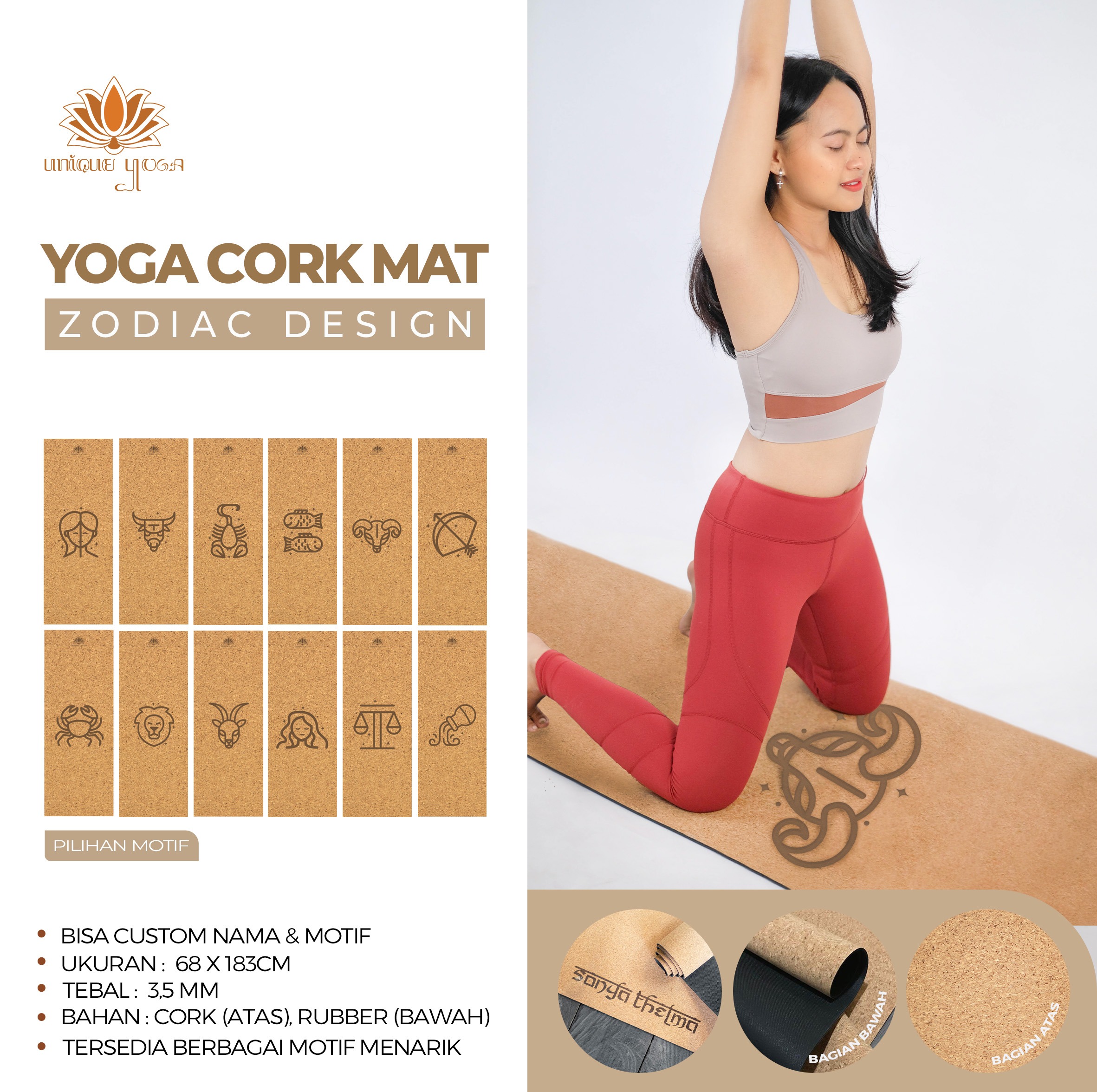 Yoga Mat Cork Spesial Zodiac Design / Matras Senam Yoga / Yoga Mat Natural Rubber Cork / Alasa Olahraga Senam Yoga