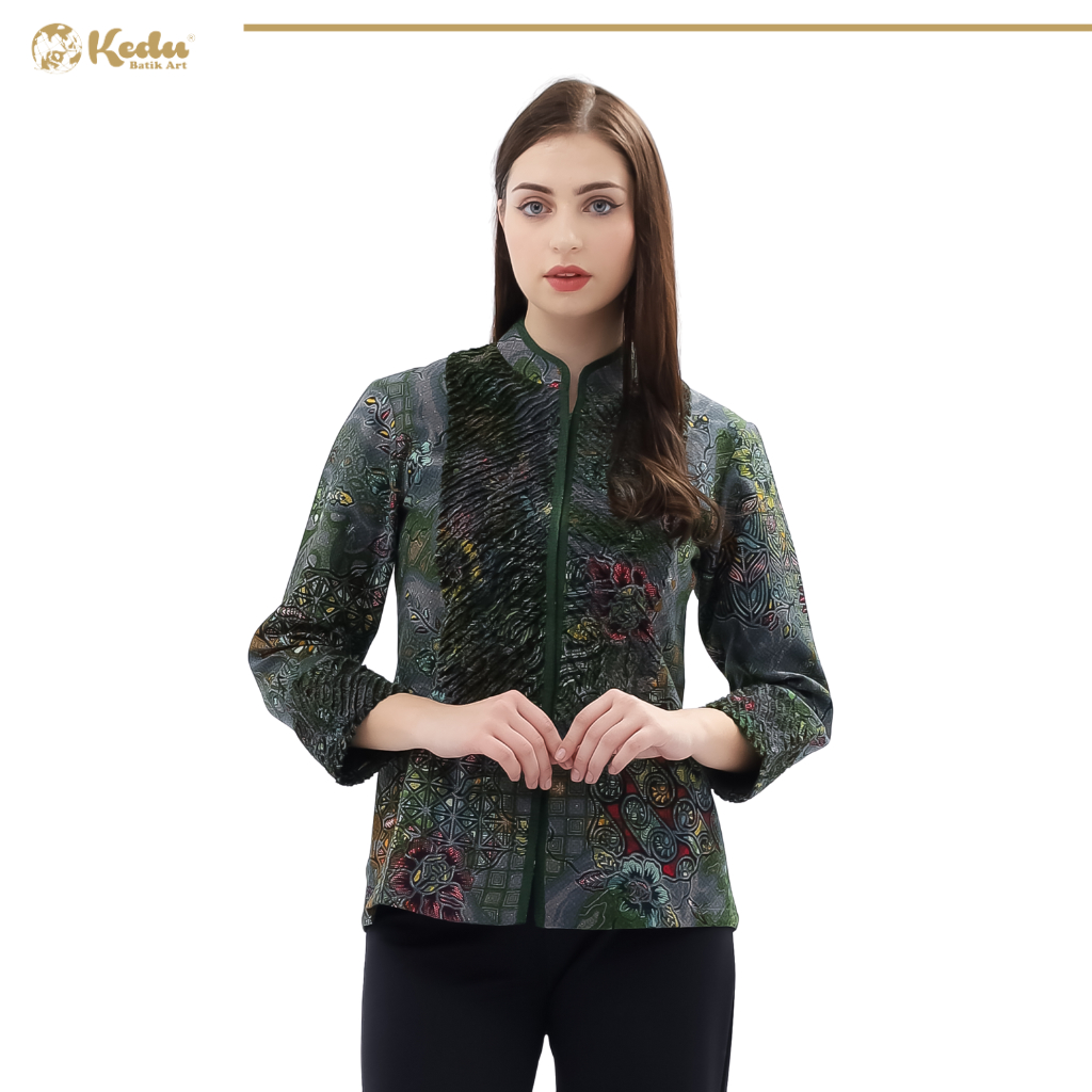 Aleea - Blouse Batik Wanita Aksen Bulu Dobby Abu