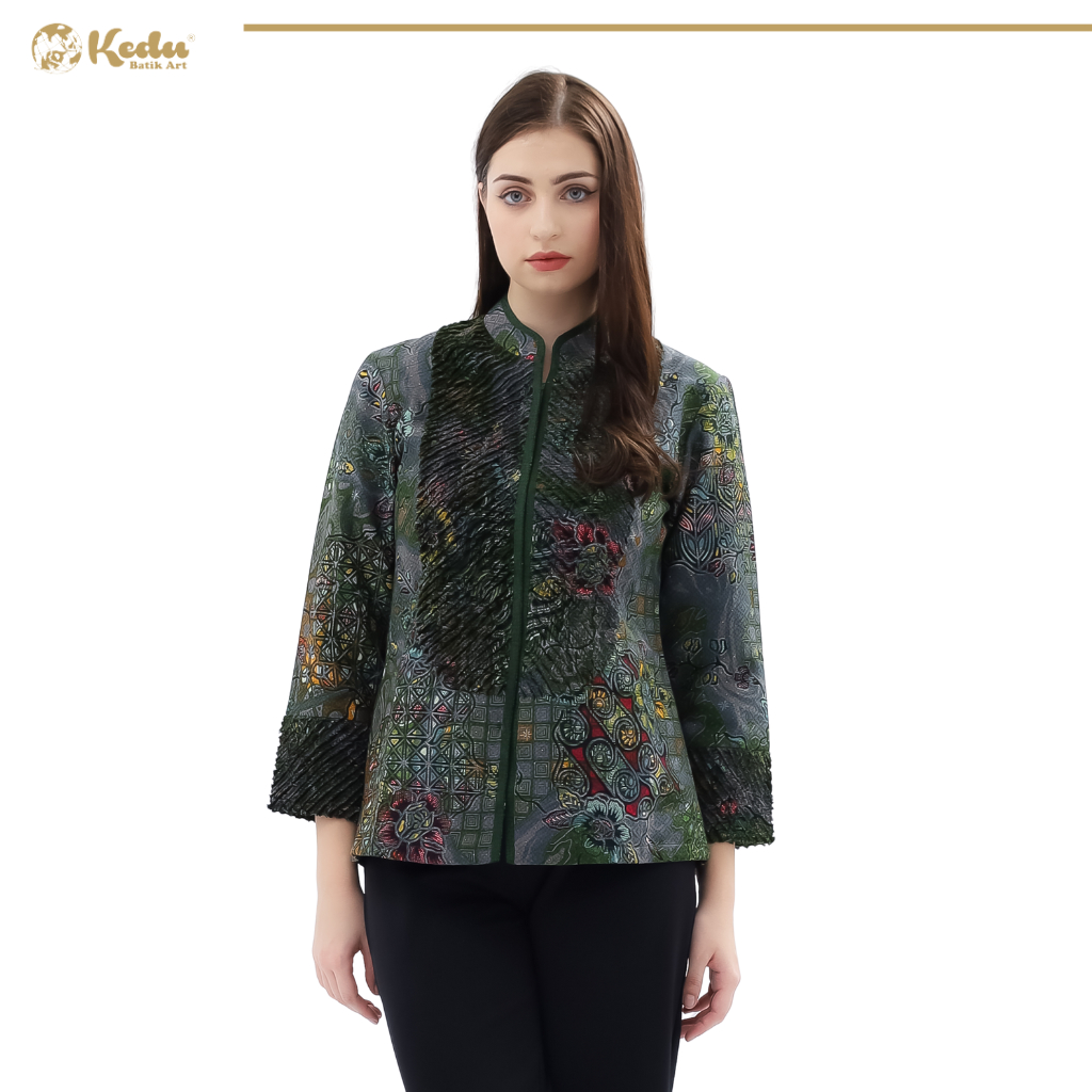Aleea - Blouse Batik Wanita Aksen Bulu Dobby Abu