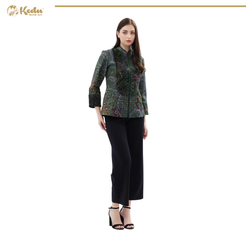 Aleea - Blouse Batik Wanita Aksen Bulu Dobby Abu