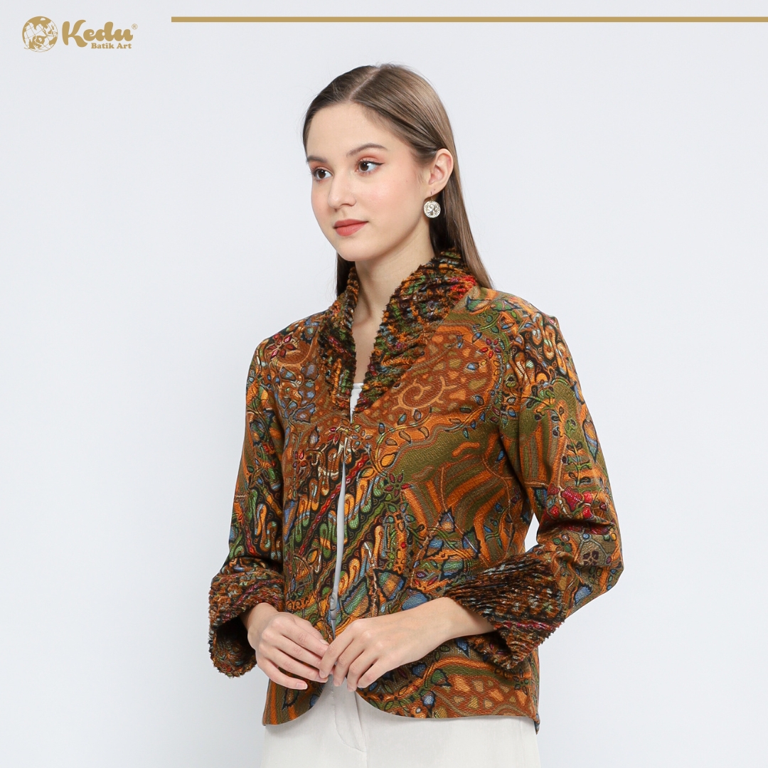Binar - Blazer Batik Wanita Aksen Bulu Dobby Kuning