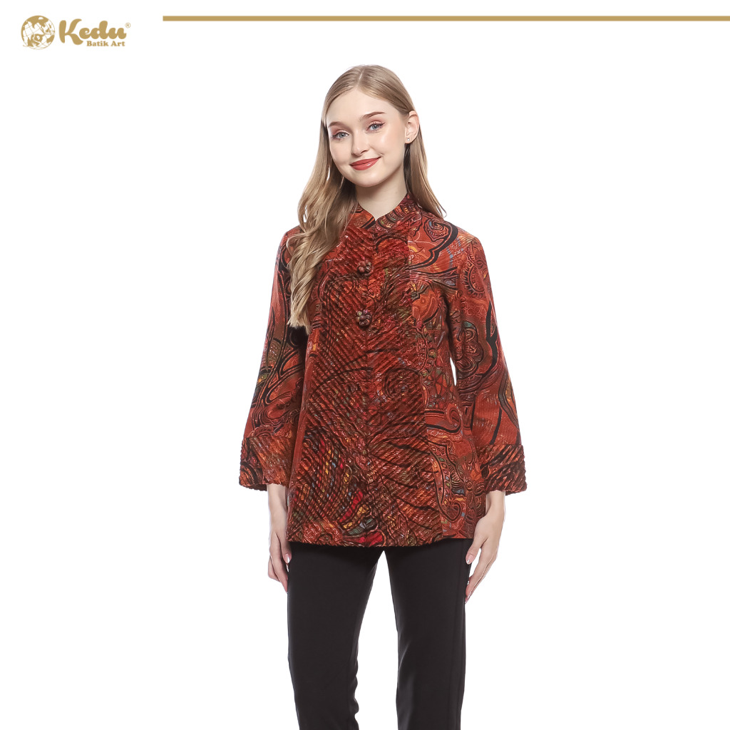 Elvara - Blazer Batik Wanita Aksen Bulu Dobby Terracota