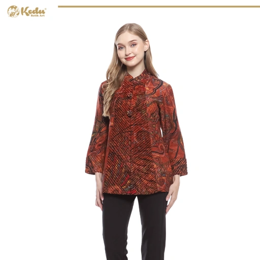 Image of Elvara - Blazer Batik Wanita Aksen Bulu Dobby Terracota