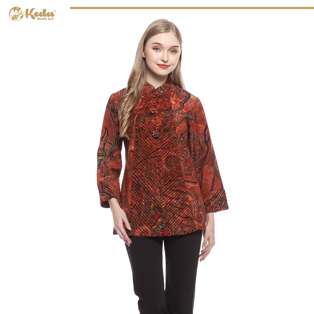 Elvara - Blazer Batik Wanita Aksen Bulu Dobby Terracota