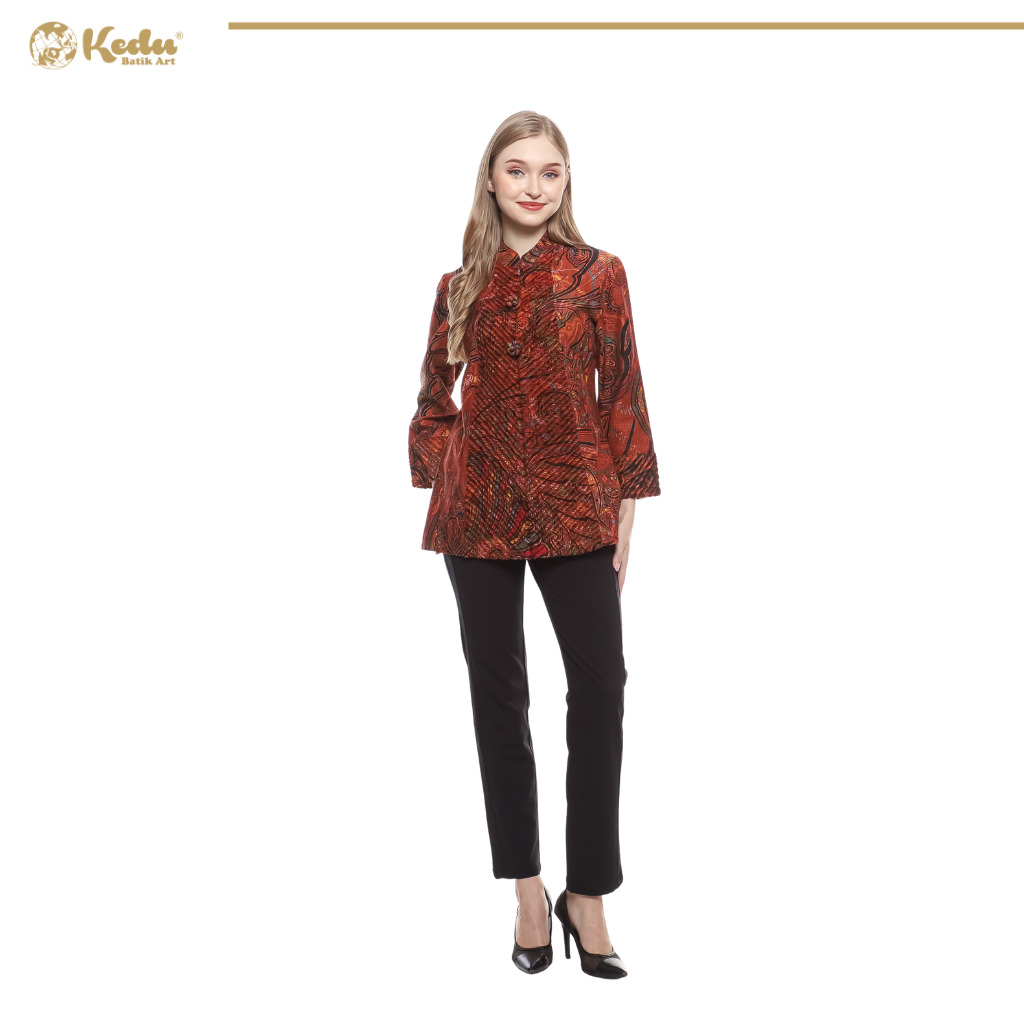 Elvara - Blazer Batik Wanita Aksen Bulu Dobby Terracota