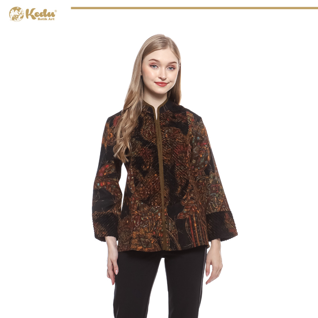 Laruna - Blouse Batik Wanita Aksen Bulu Dobby Hitam