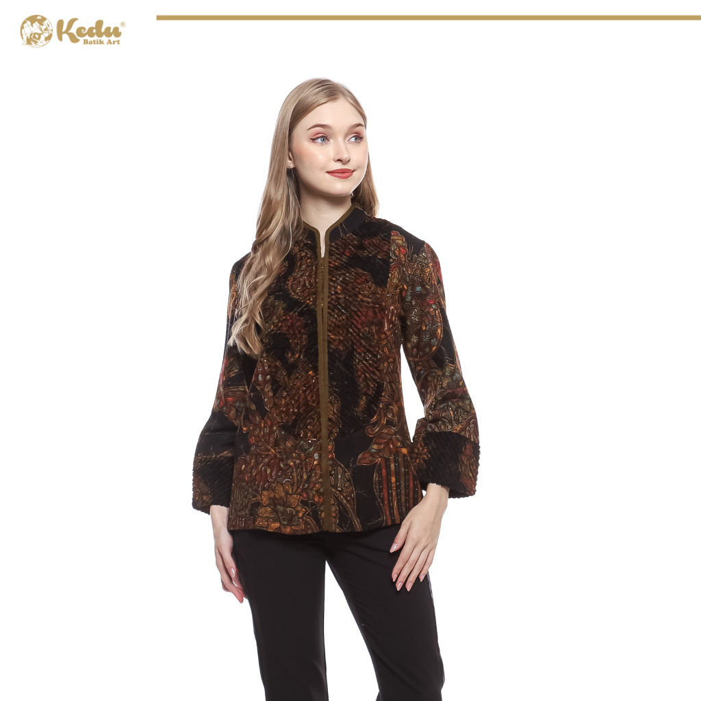 Laruna - Blouse Batik Wanita Aksen Bulu Dobby Hitam