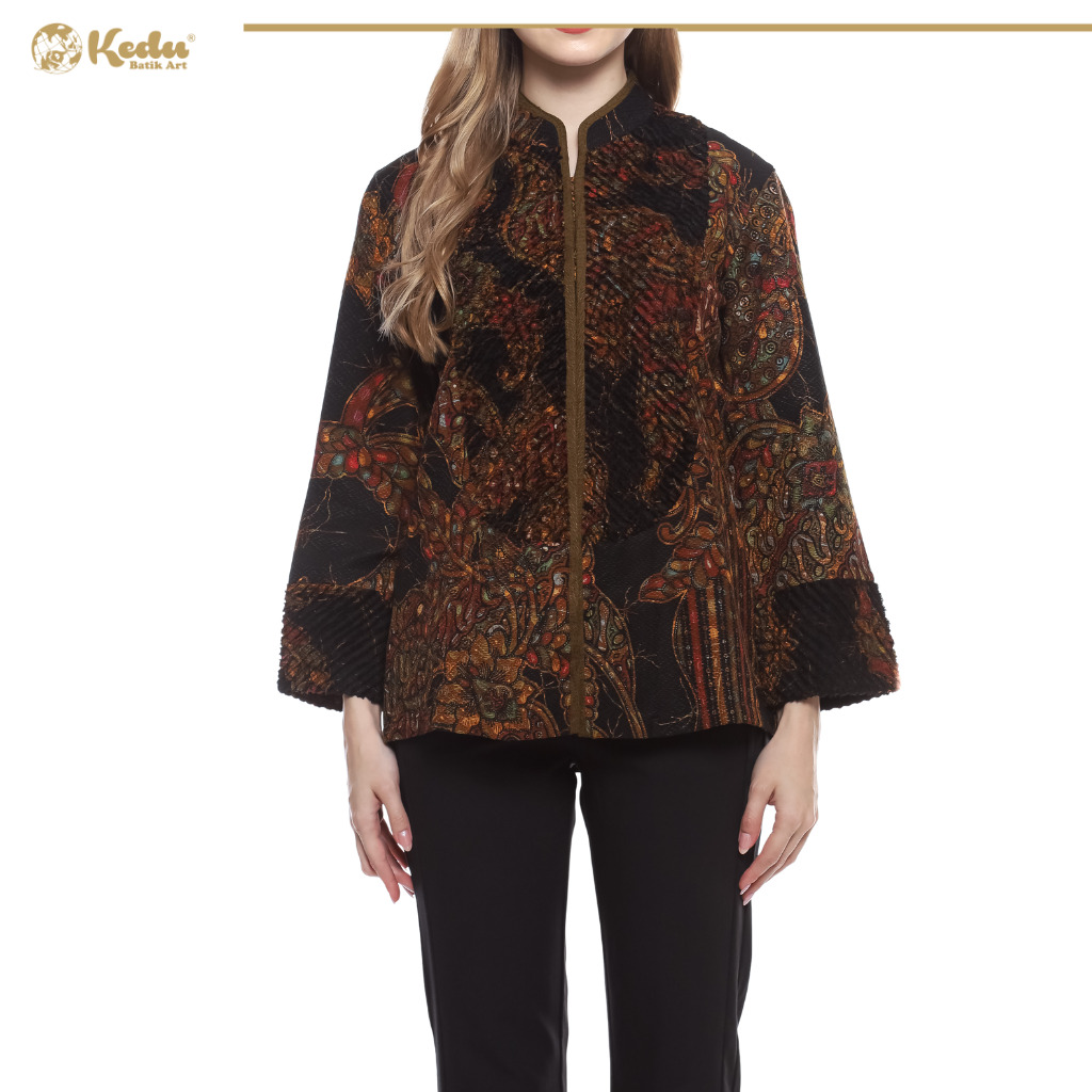 Laruna - Blouse Batik Wanita Aksen Bulu Dobby Hitam