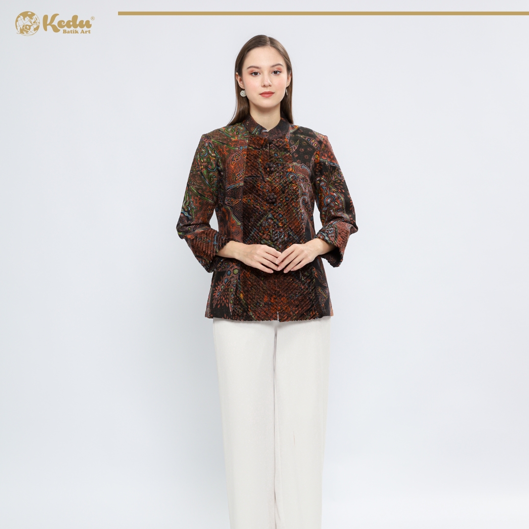 Panthera - Blazer Batik Wanita Aksen Bulu Dobby Abu