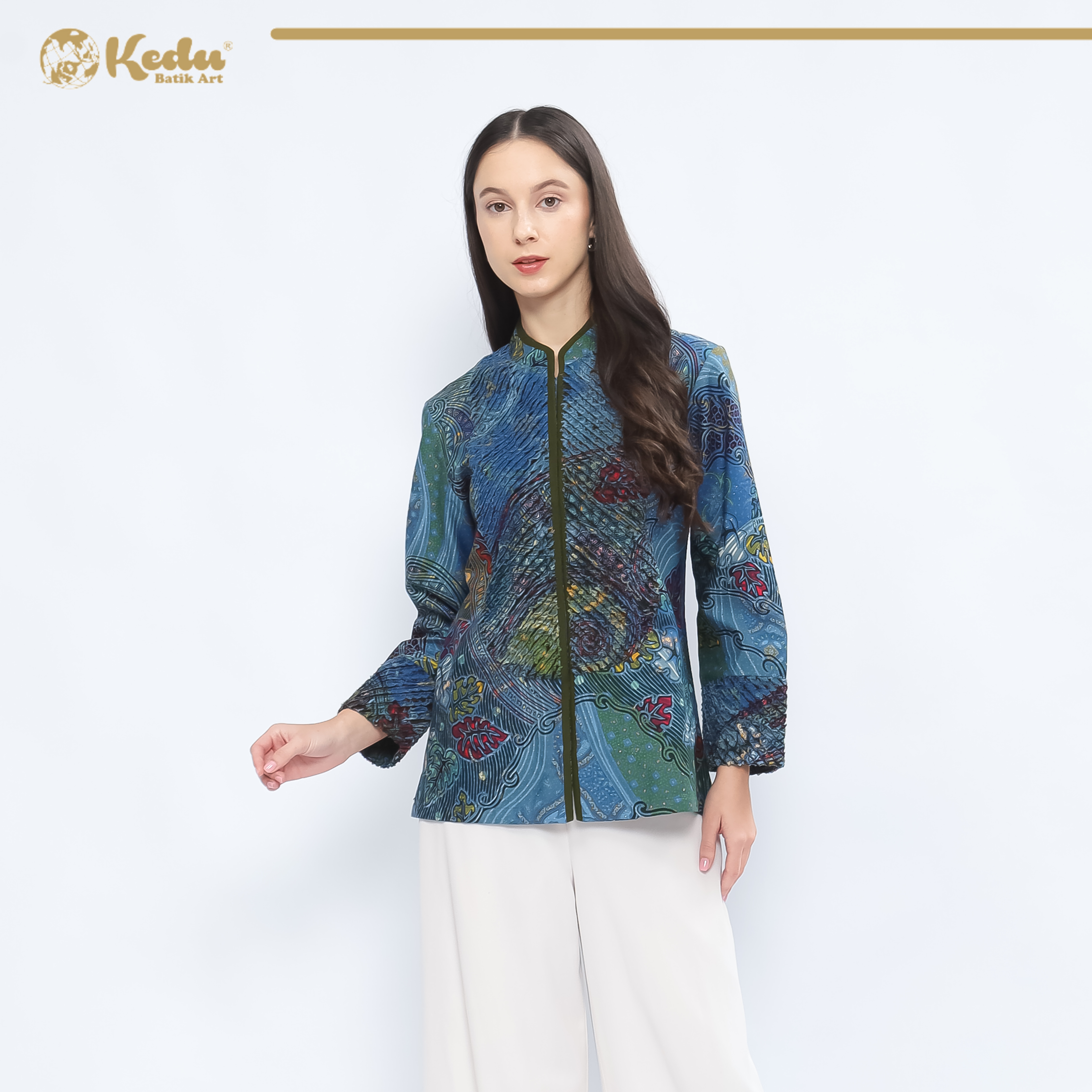 Niskala - Blouse Batik Wanita Aksen Bulu Katun Biru