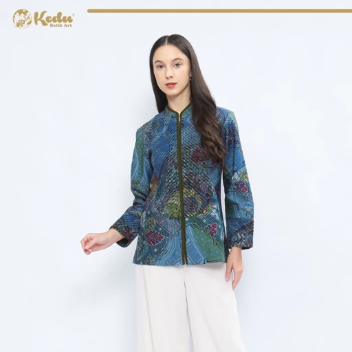Image of Niskala - Blouse Batik Wanita Aksen Bulu Katun Biru