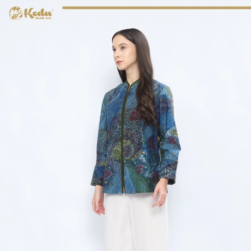 Image of Niskala - Blouse Batik Wanita Aksen Bulu Katun Biru