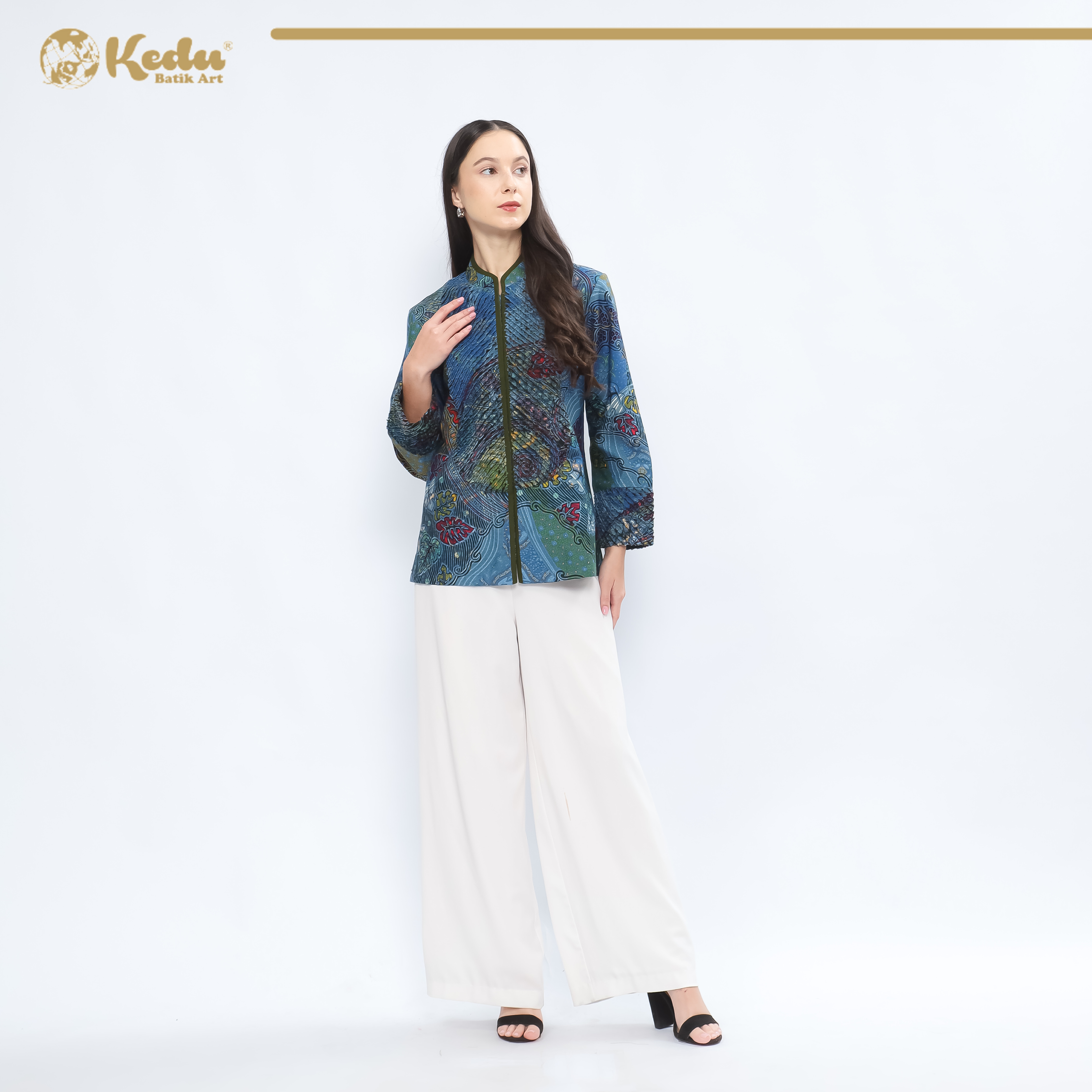 Niskala - Blouse Batik Wanita Aksen Bulu Katun Biru
