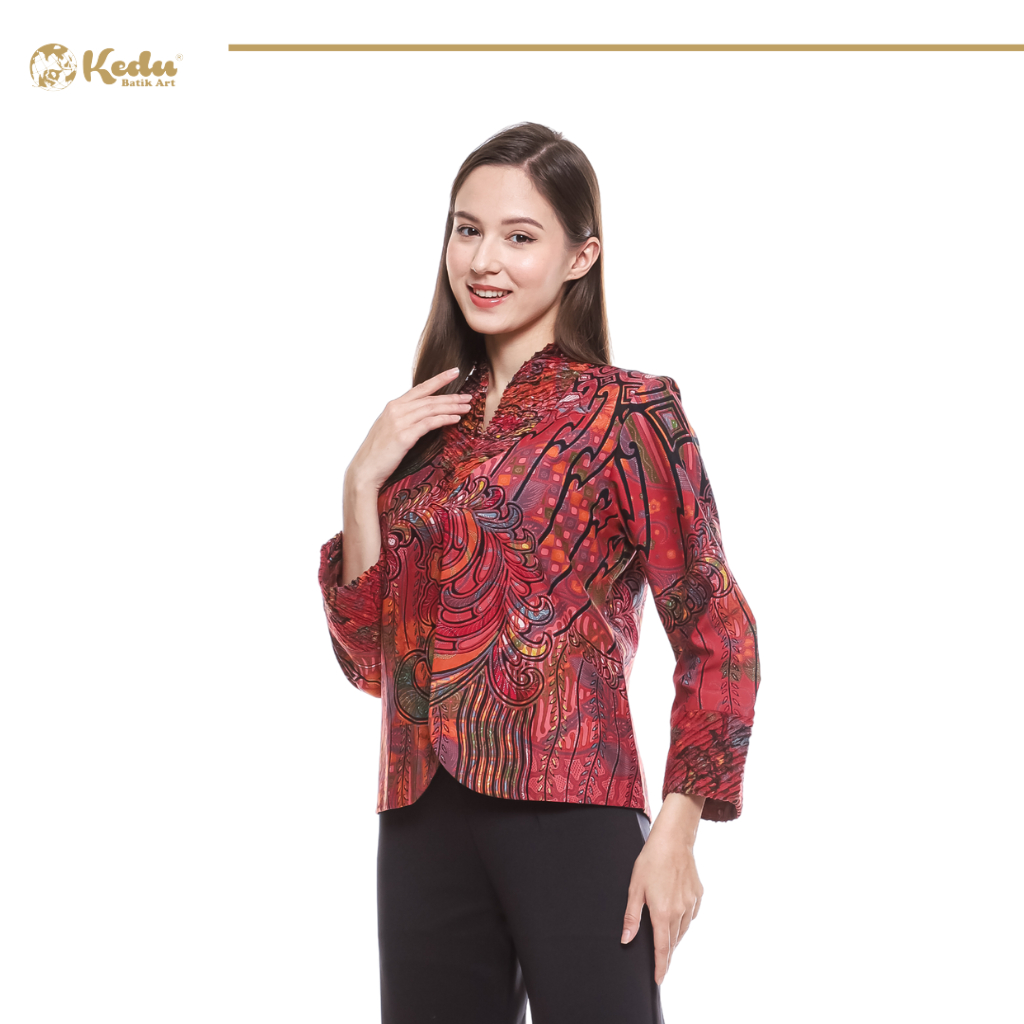 Ravella - Blazer Batik Wanita Aksen Bulu Katun Pink
