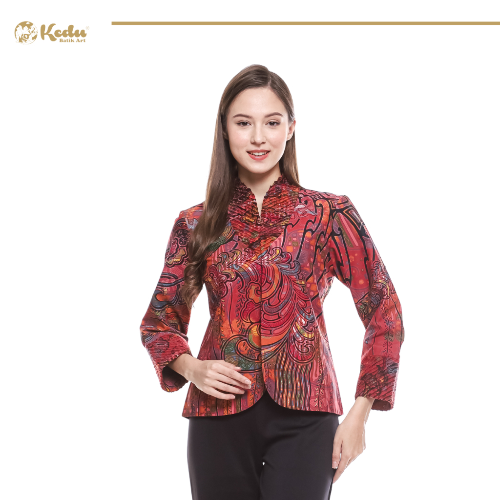 Ravella - Blazer Batik Wanita Aksen Bulu Katun Pink