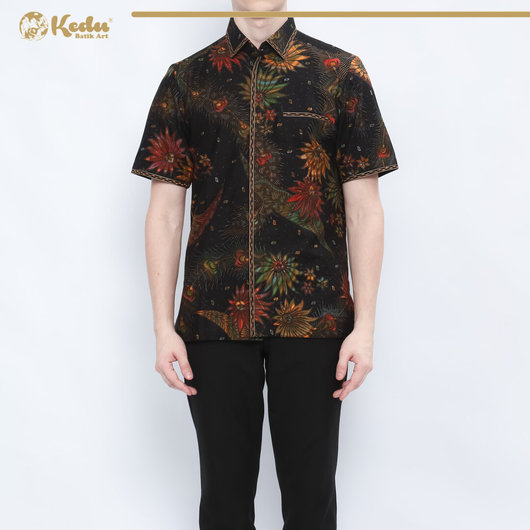 Atara - Kemeja Batik Pria Lengan Pendek Regular Fit Bordir Smock Katun Hitam