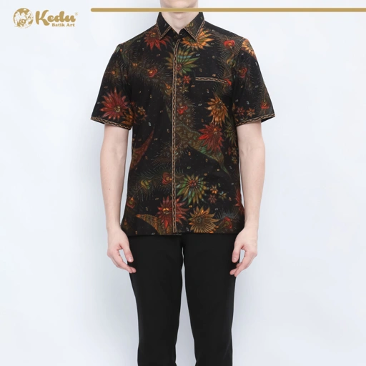 Image of Atara - Kemeja Batik Pria Lengan Pendek Regular Fit Bordir Smock Katun Hitam
