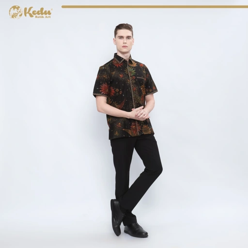 Image of Atara - Kemeja Batik Pria Lengan Pendek Regular Fit Bordir Smock Katun Hitam