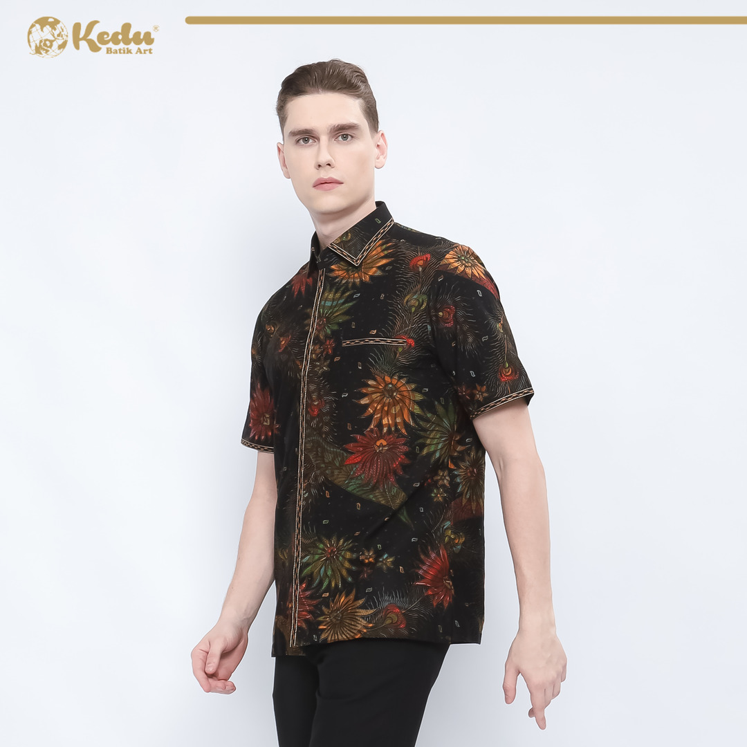 Atara - Kemeja Batik Pria Lengan Pendek Regular Fit Bordir Smock Katun Hitam