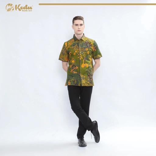 Image of Ayuma - Kemeja Batik Pria Lengan Pendek Regular Fit Bordir Smock Katun Kuning